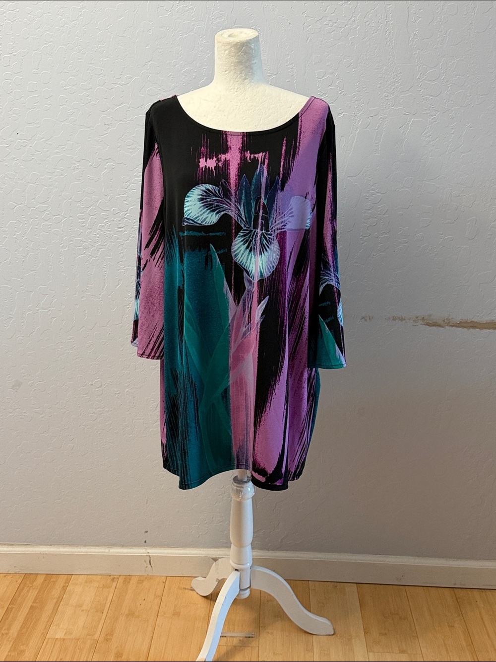 Alfani Black Tunic Dress with Purple and Teal Floral Brushstrokes
